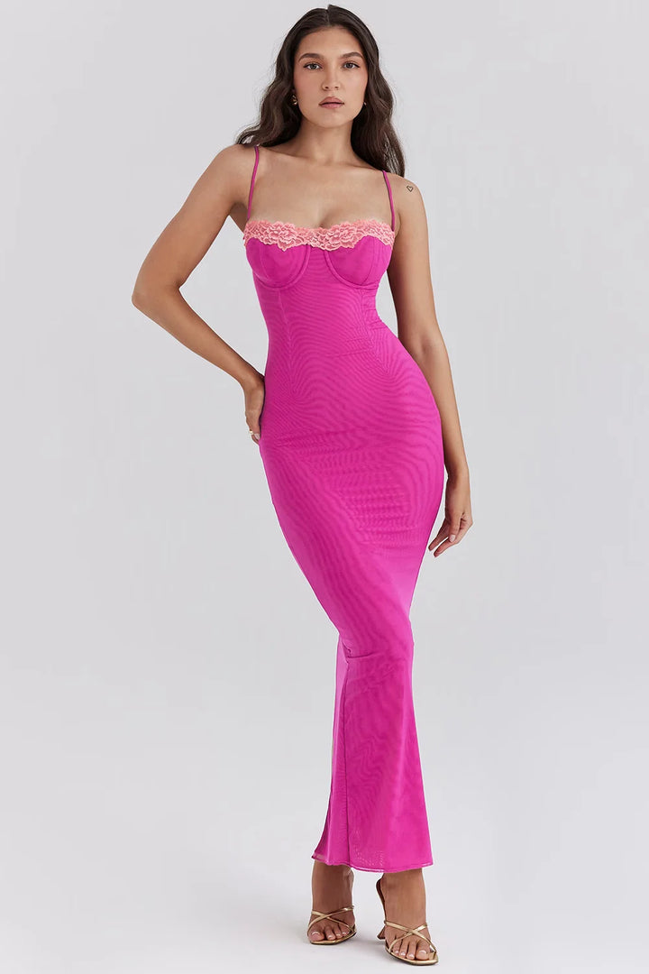 Pink midi dress with lace accents, made with form-fitting Acacia fabric. Feminine and elegant, perfect for special occasions.