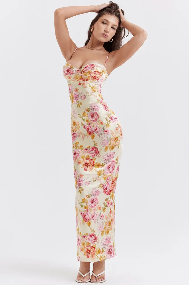 Yellow floral maxi dress with charming sparkles, perfect for a sunny day.
