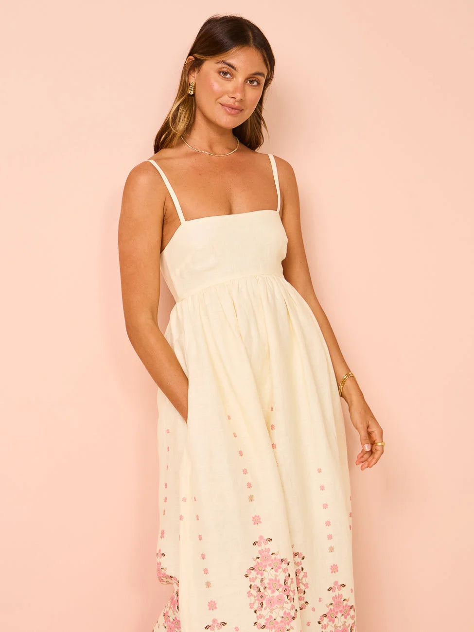 "White summer dress with floral print and intricate hem detailing, ideal for sunny days out."
