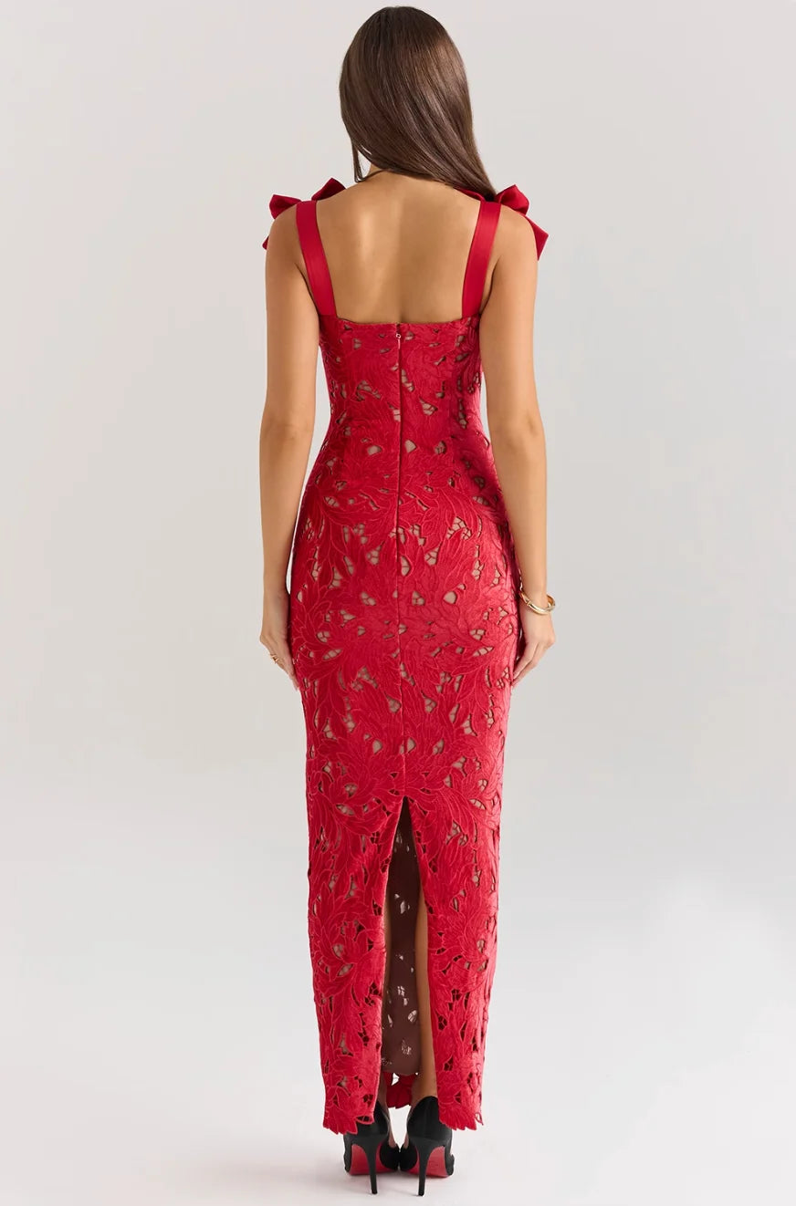 Sleeveless lace maxi dress with bows in soft fabric, perfect for any occasion.