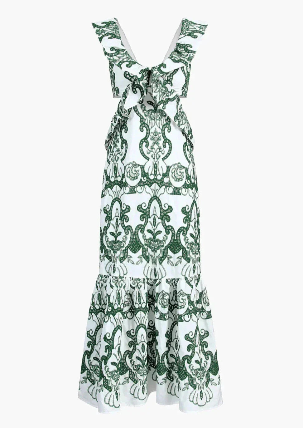 White and green ruffled maxi dress with a flowy design, made from lightweight breathable fabric perfect for a casual summer…