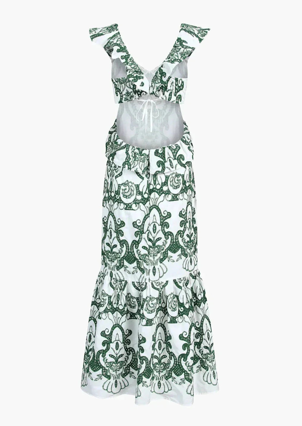 White and green ruffled maxi dress by Adlee, showcasing a chic design with flowing silhouette and elegant color contrast.