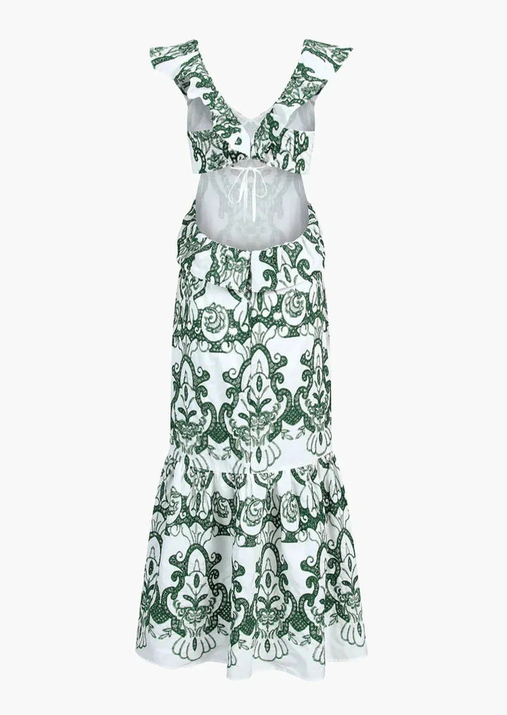 White and green ruffled maxi dress by Adlee, showcasing a chic design with flowing silhouette and elegant color contrast.