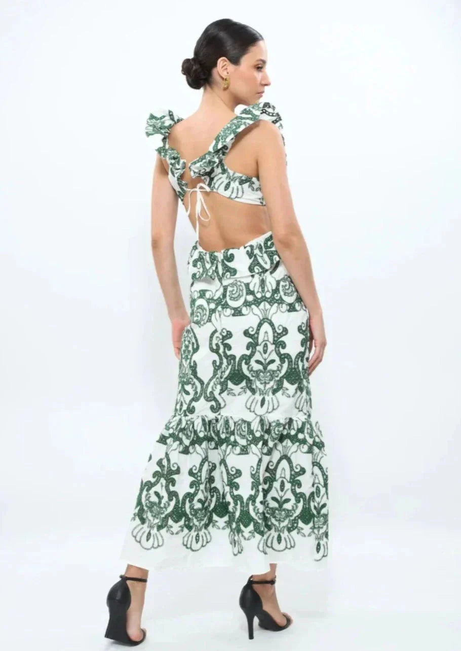 "White and green ruffled maxi dress made of lightweight cotton blend, perfect for a relaxed yet stylish look."