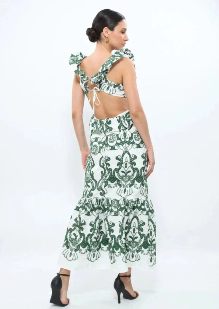 "White and green ruffled maxi dress made of lightweight cotton blend, perfect for a relaxed yet stylish look."