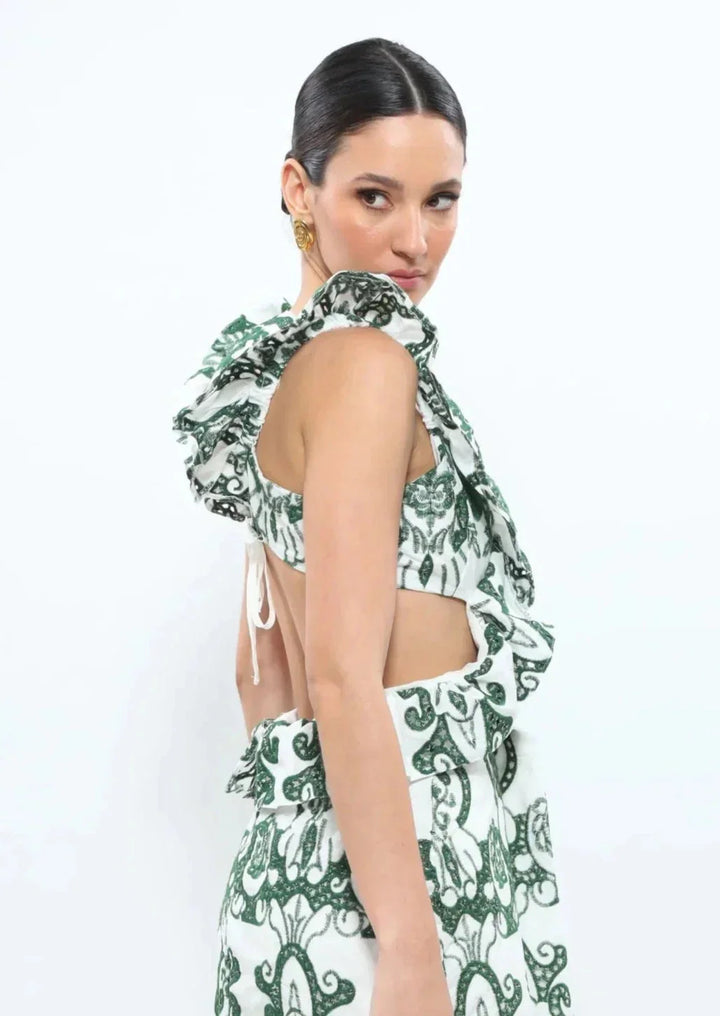"White and green ruffled maxi dress made from lightweight chiffon with a unique halter neck design"