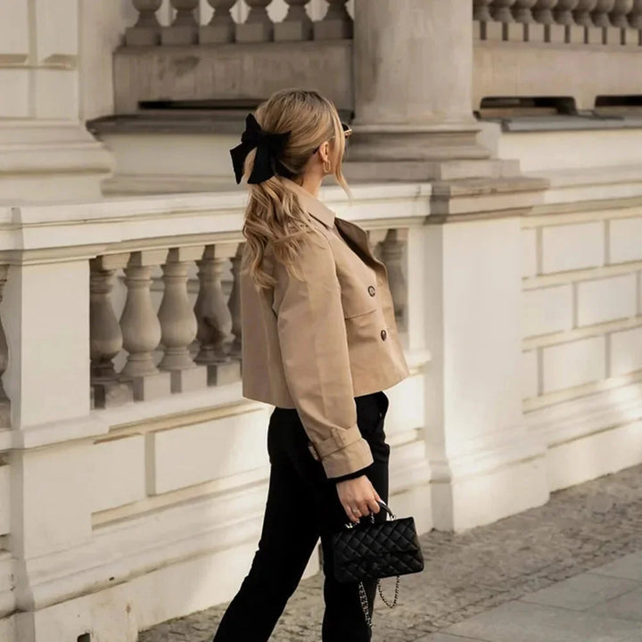 Adrielle double-breasted cropped jacket in a versatile design, perfect for year-round wear.