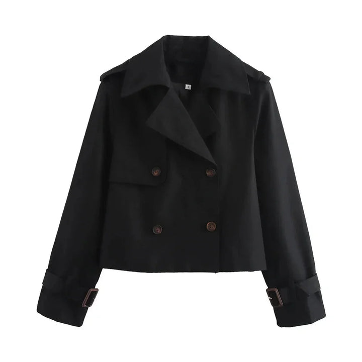 Black double-breasted jacket with a cropped cut, perfect for year-round wear. Made from high-quality fabric with a tailored…