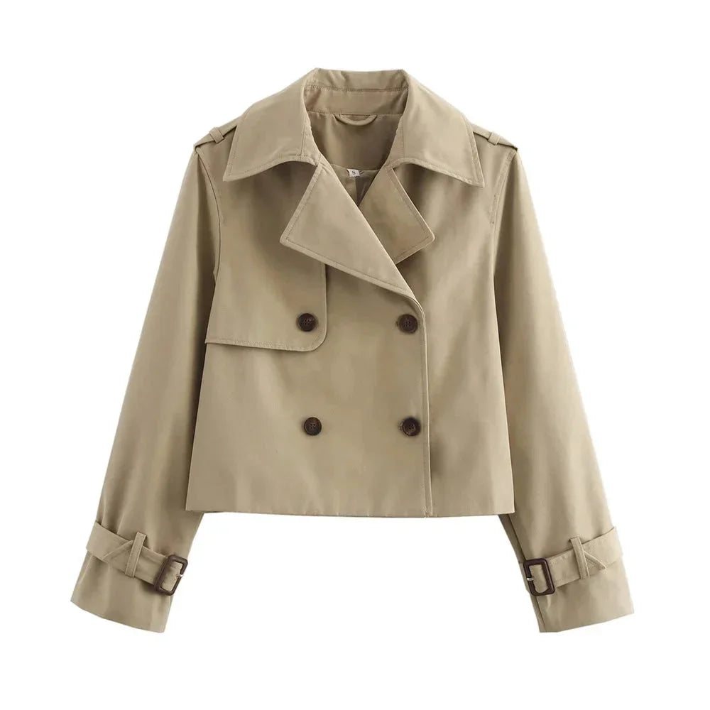 Khaki double-breasted cropped jacket with a structured design, ideal for year-round wear, made from durable and high-quality…
