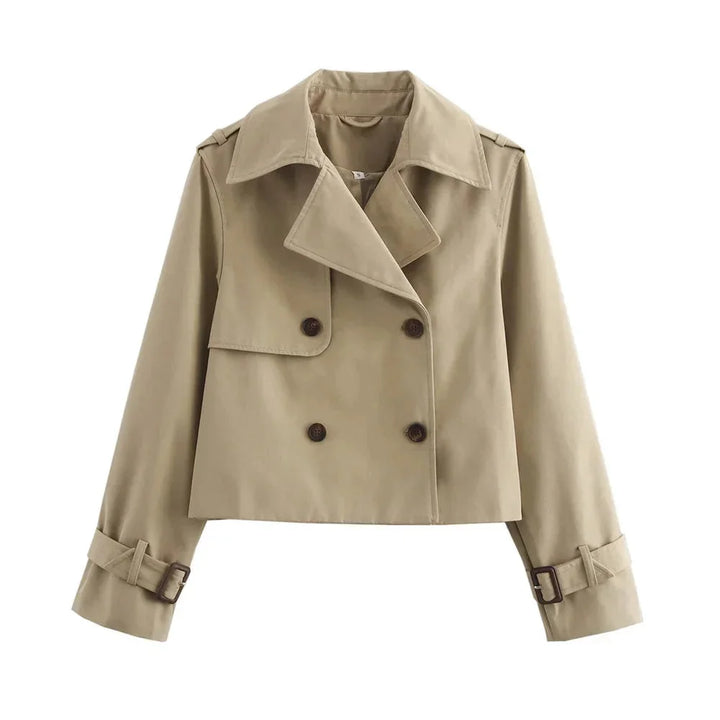 Khaki double-breasted cropped jacket with a structured design, ideal for year-round wear, made from durable and high-quality…