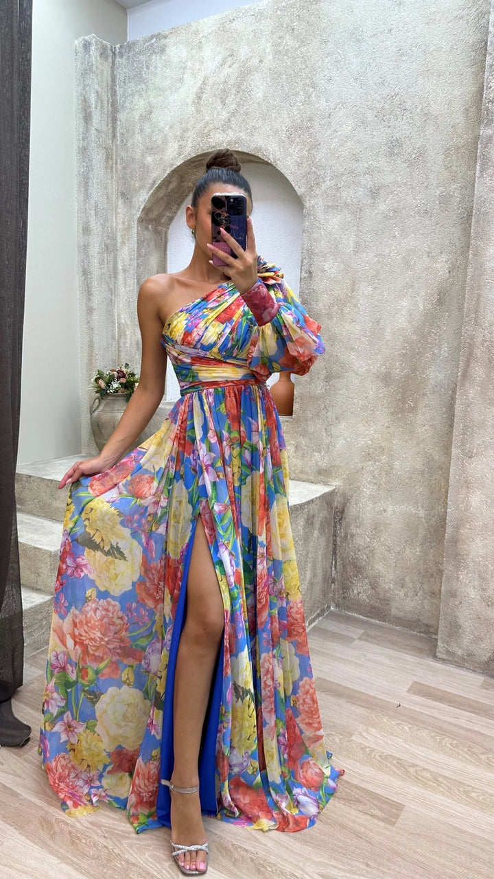 One-shoulder floral dress in Rainbow with a flowing design, perfect for a chic and effortless look.