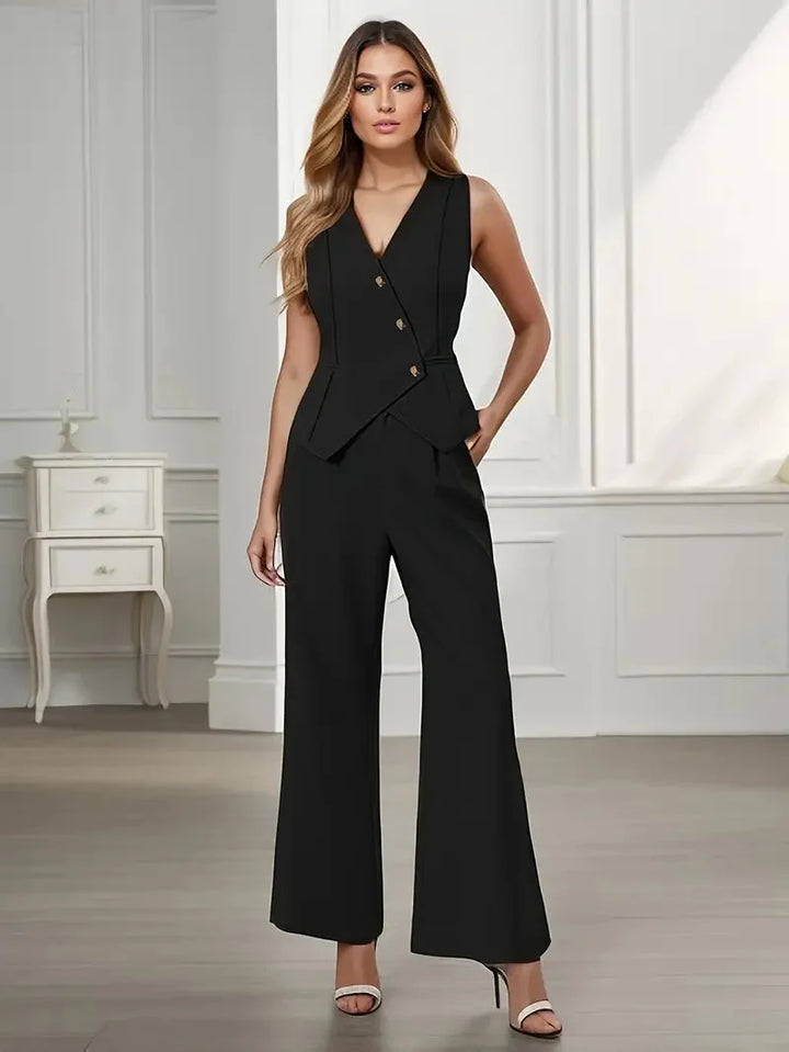 "Sleeveless vest set in soft cotton blend fabric with matching pants in timeless design"