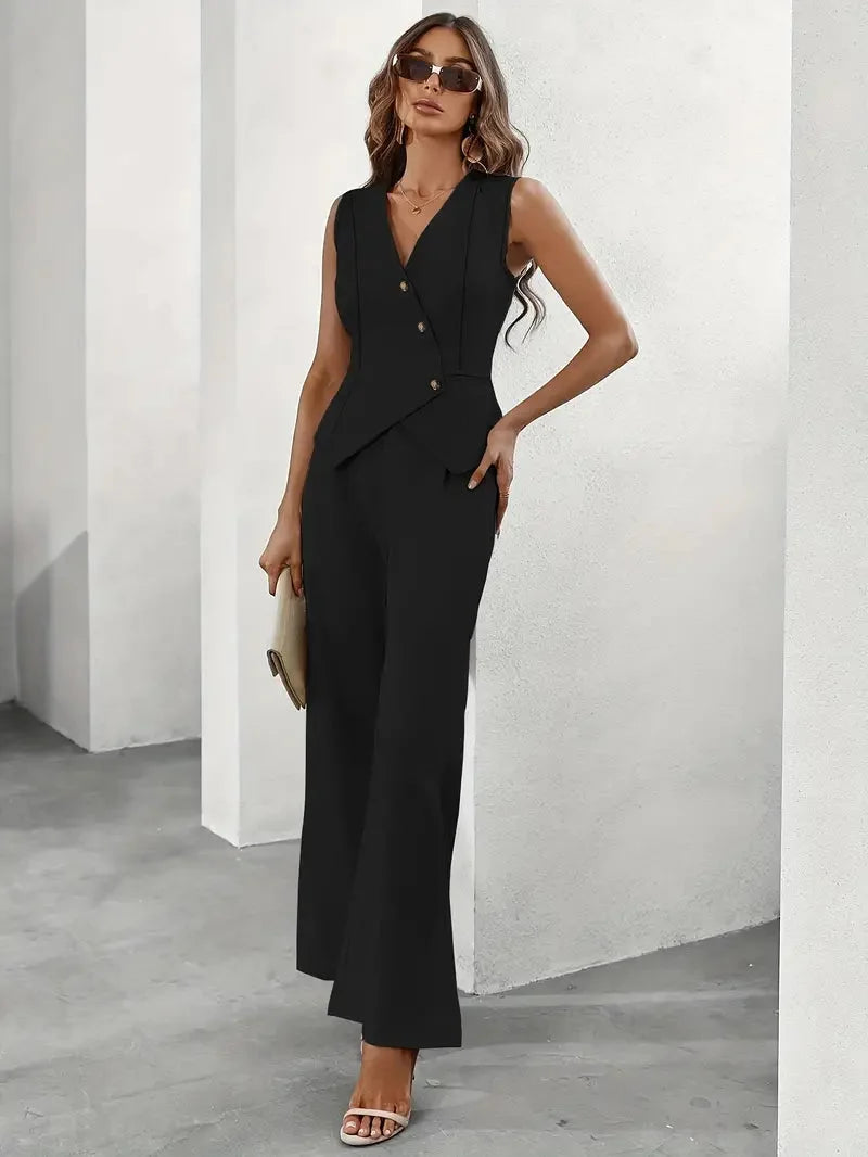 "Sleeveless black vest with matching pants set showcasing minimalist design in breathable fabric."