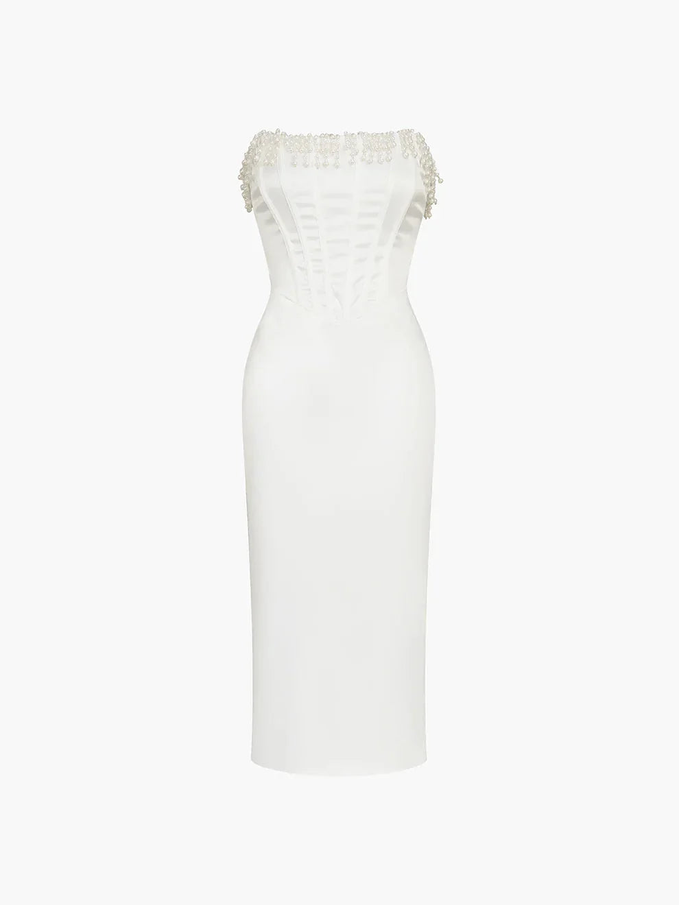 "Ivory strapless midi dress adorned with intricate beadwork, perfect for a formal occasion or special event."