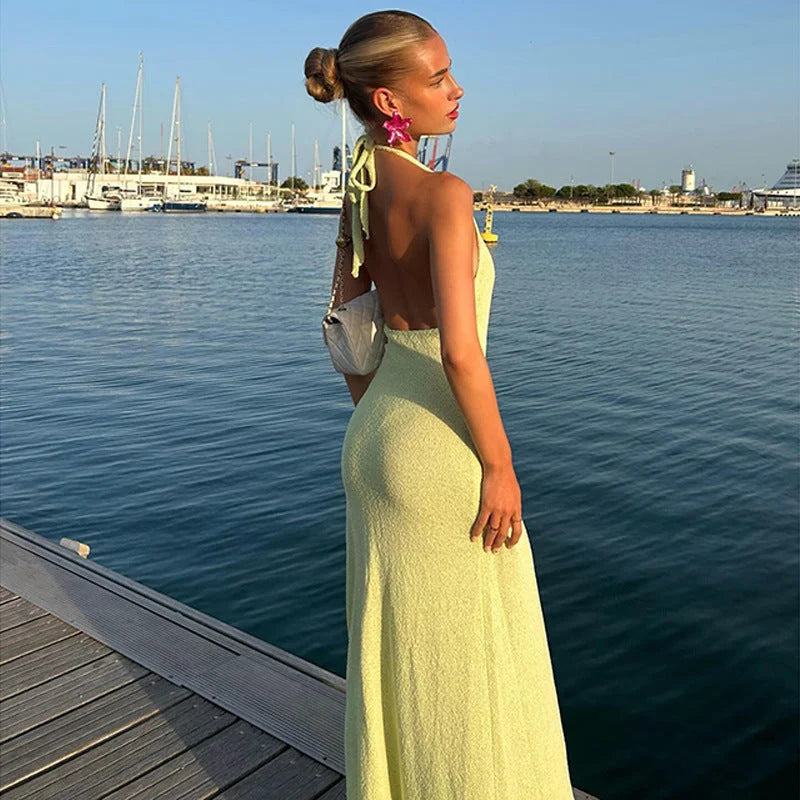 "Halter neck maxi dress featuring intricate floral appliqué design on flowing fabric."