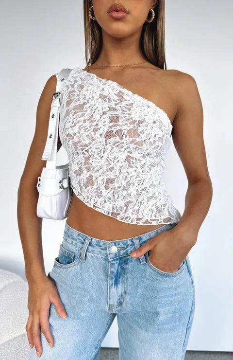 Women's halter top in black with lace texture, featuring a flattering design perfect for a casual or elegant look.