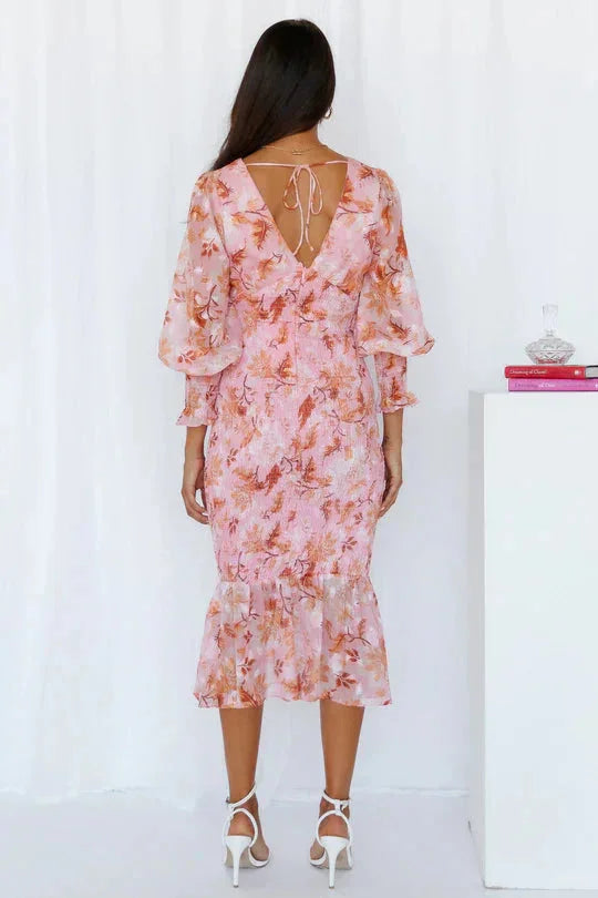 Alt text: "Amanda - Floral midi dress with sleeves, featuring elegant and vibrant floral print, suitable for casual and…