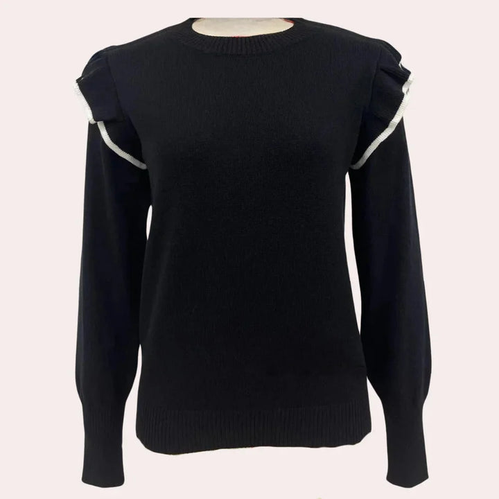 Grey crewneck sweater with delicate ruffle trim. Soft knit material and simple yet elegant design perfect for everyday wear.