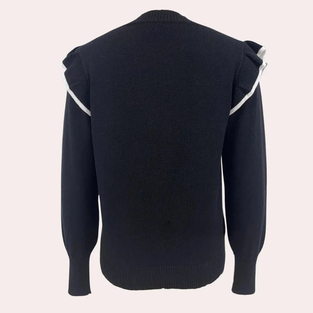 "Amaya sweater in gray with ruffle trims, crewneck style, and knit fabric, front view."
