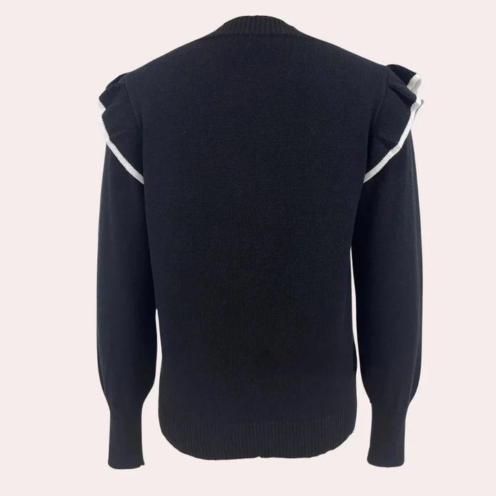 "Amaya sweater in gray with ruffle trims, crewneck style, and knit fabric, front view."
