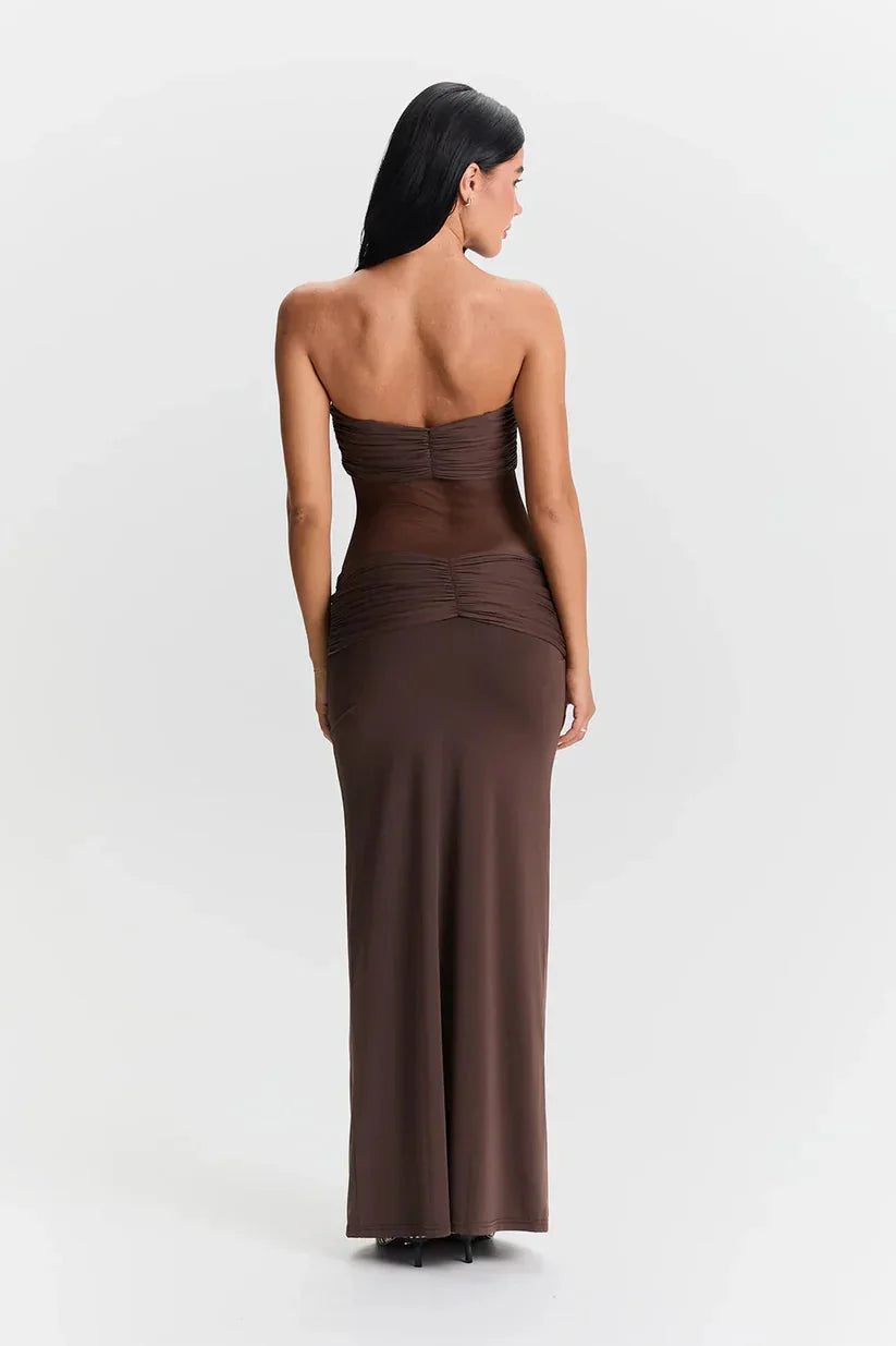 Strapless amber maxi dress with modern design that exudes elegance and versatility.