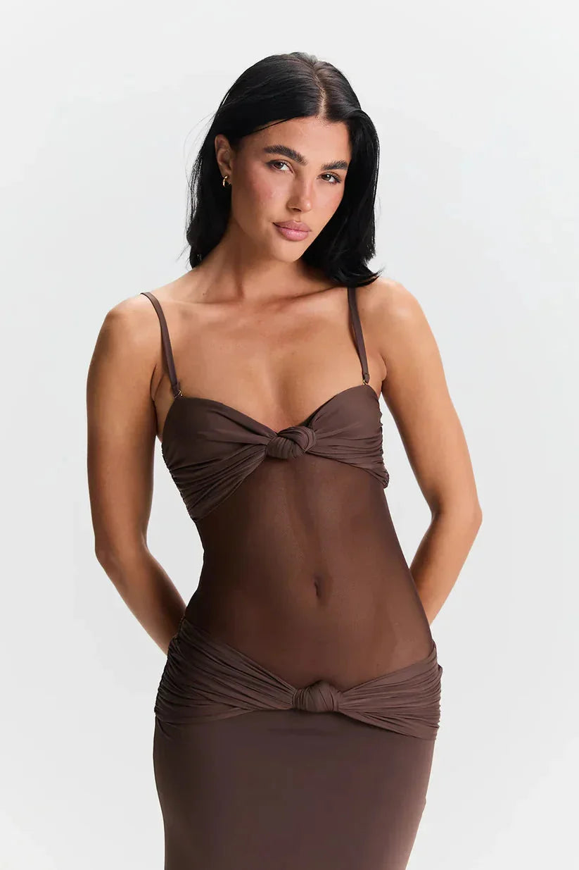 Strapless maxi dress in amber color with a modern design, perfect for versatile styling.
