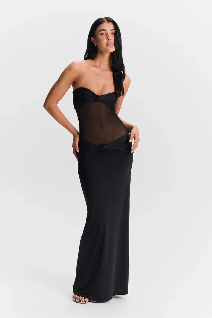 Strapless amber maxi dress with versatile design, perfect for any occasion, made from soft and flowy fabric.