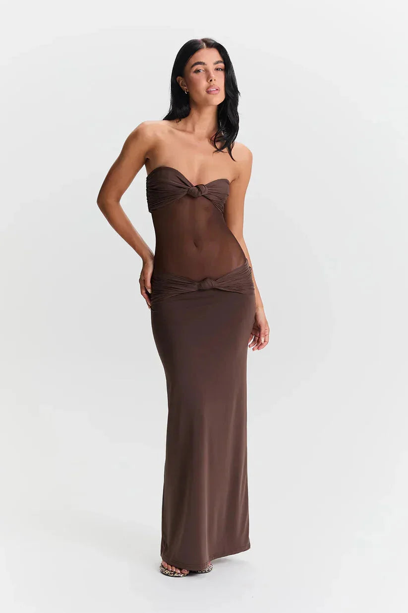 Black strapless maxi dress with a modern twist in amber color, designed for versatility.