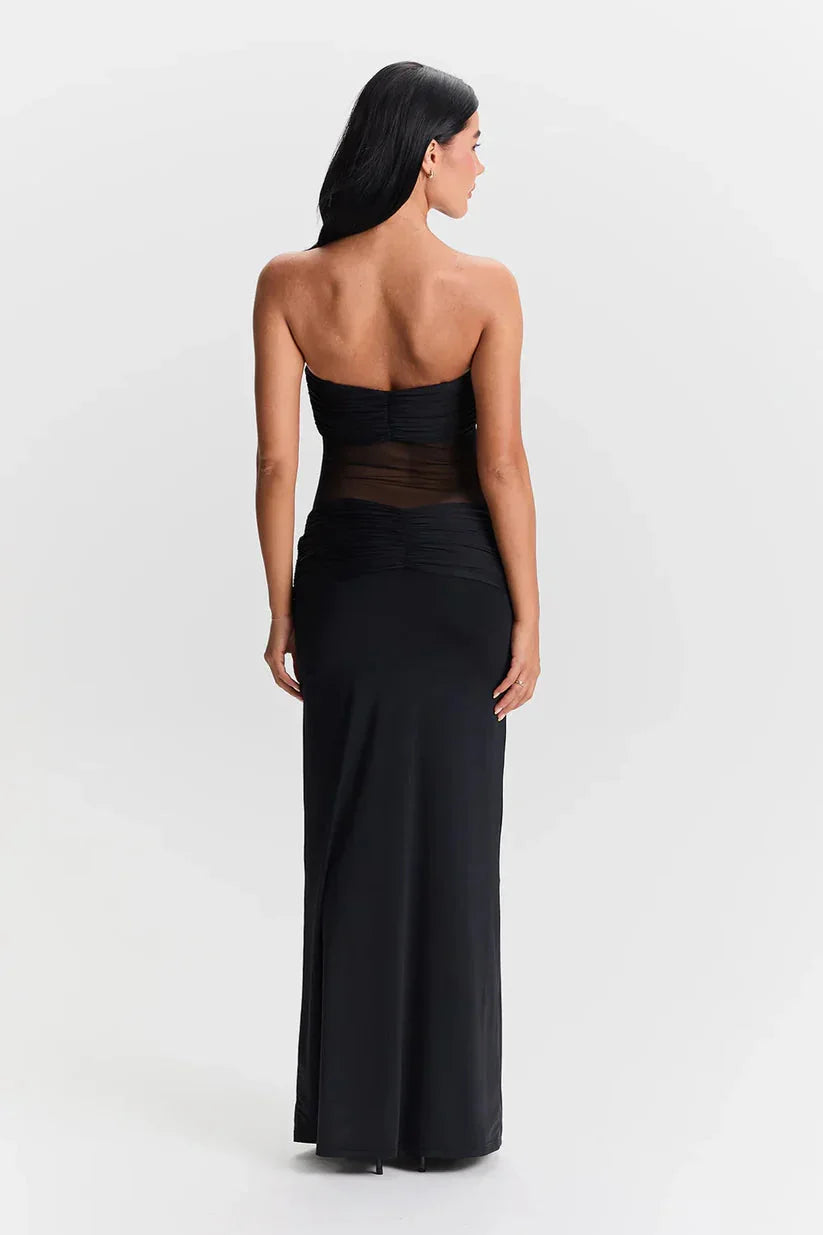 "Amber strapless maxi dress in versatile modern design with a flattering silhouette, perfect for all occasions."