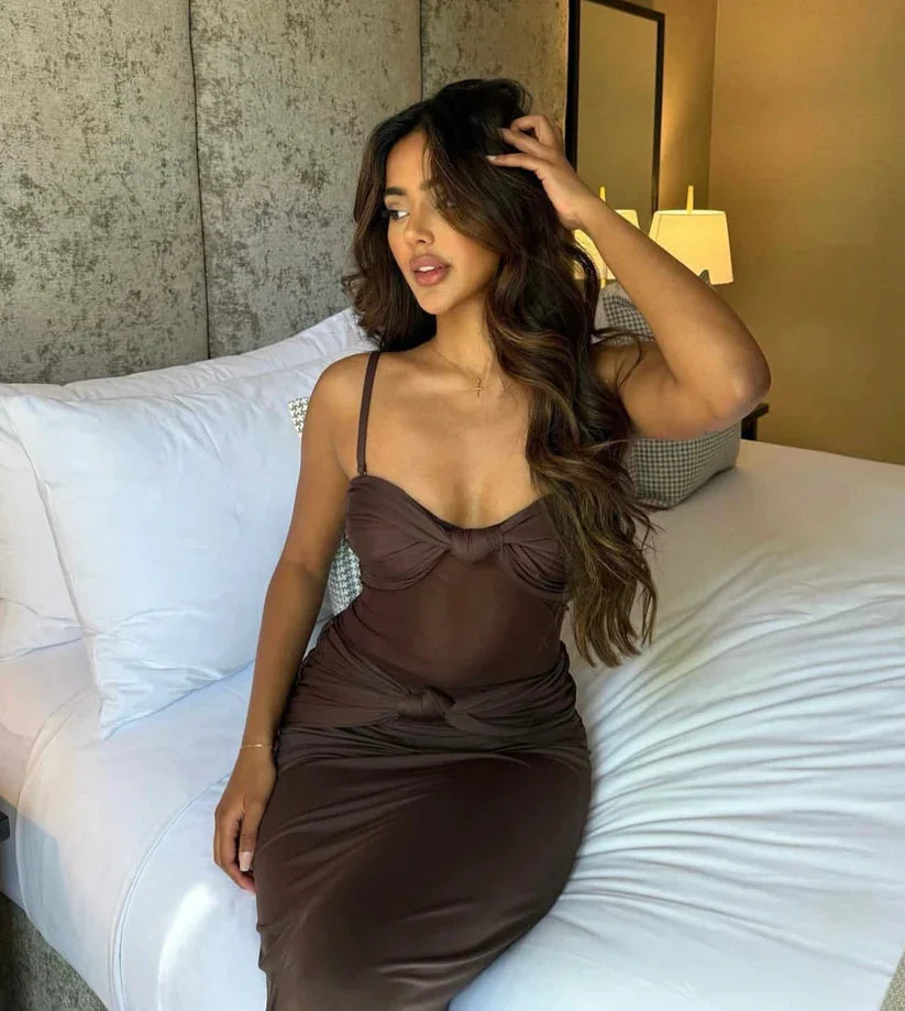 Strapless maxi dress in amber color with a versatile design for various occasions, made from high-quality fabric.