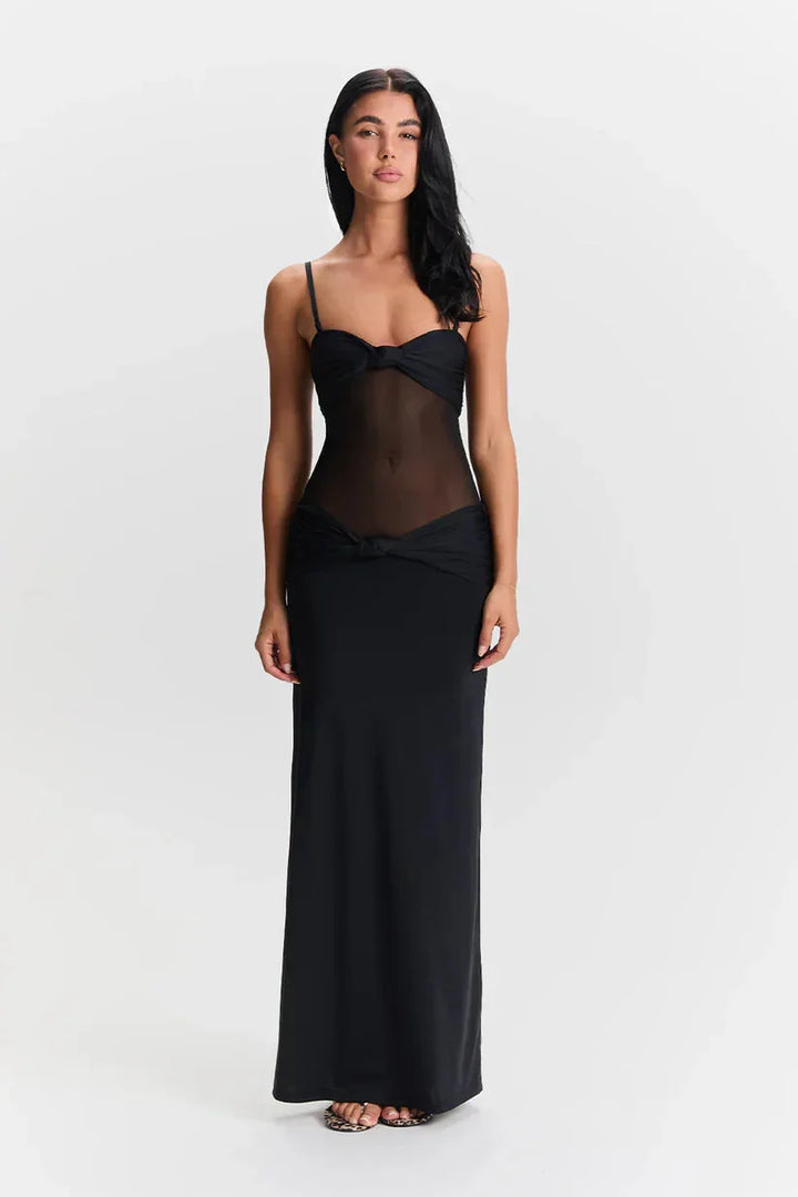 Black strapless maxi dress in modern amber design with versatile styling.