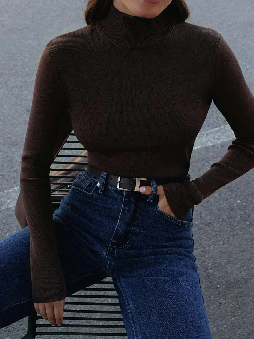 Dark brown seamless turtleneck made with soft, stretchy fabric for versatile styling. High neck design and seamless finish…