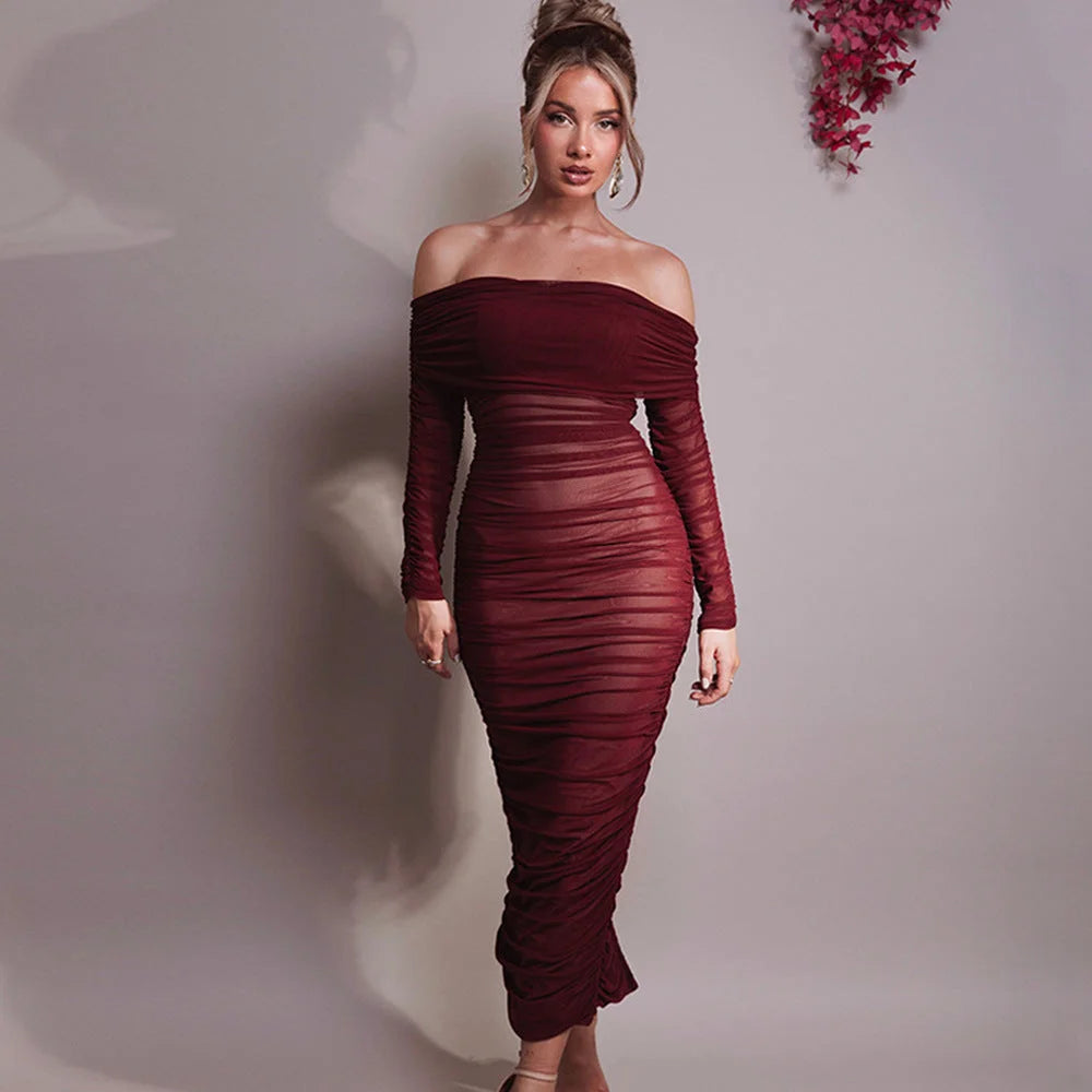 Off-shoulder maxi dress with shoulder ruching in soft cotton blend fabric, perfect for a stylish everyday look.