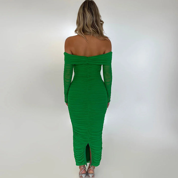 Off-shoulder maxi dress in purple, featuring shoulder ruching detail, made from soft and flowy fabric.