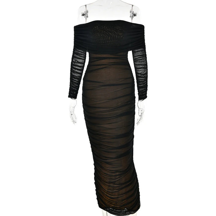 Black off-shoulder maxi dress with shoulder ruching detail, made of soft and stretchy fabric, perfect for a chic and elegant…