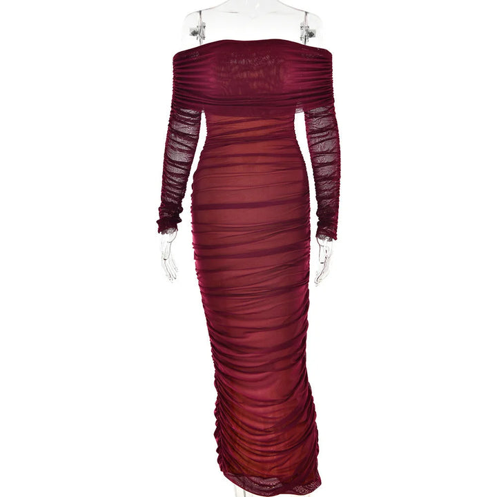 Burgundy off-shoulder maxi dress with ruching, showcasing elegant design and soft fabric for a chic look.