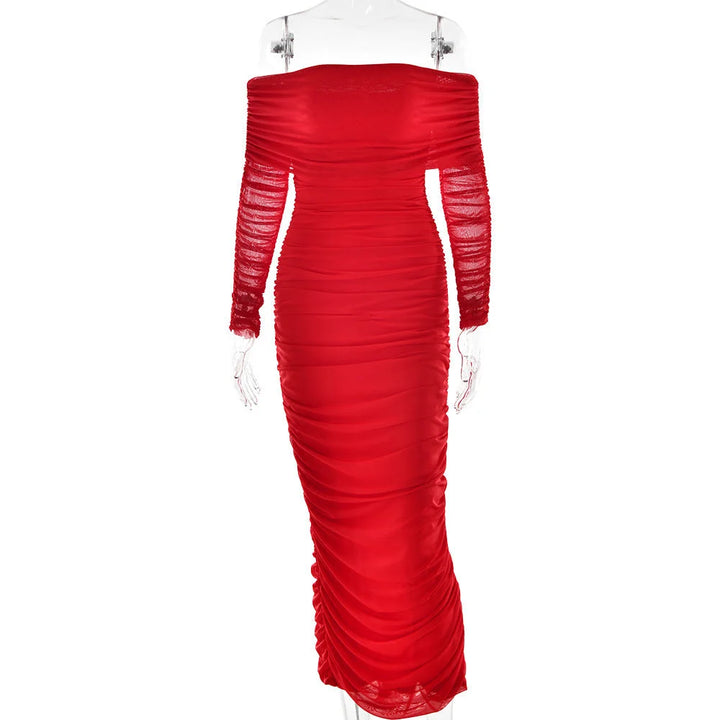 Red off-shoulder maxi dress with ruched shoulder detail, made of flowing fabric perfect for casual or formal occasions.