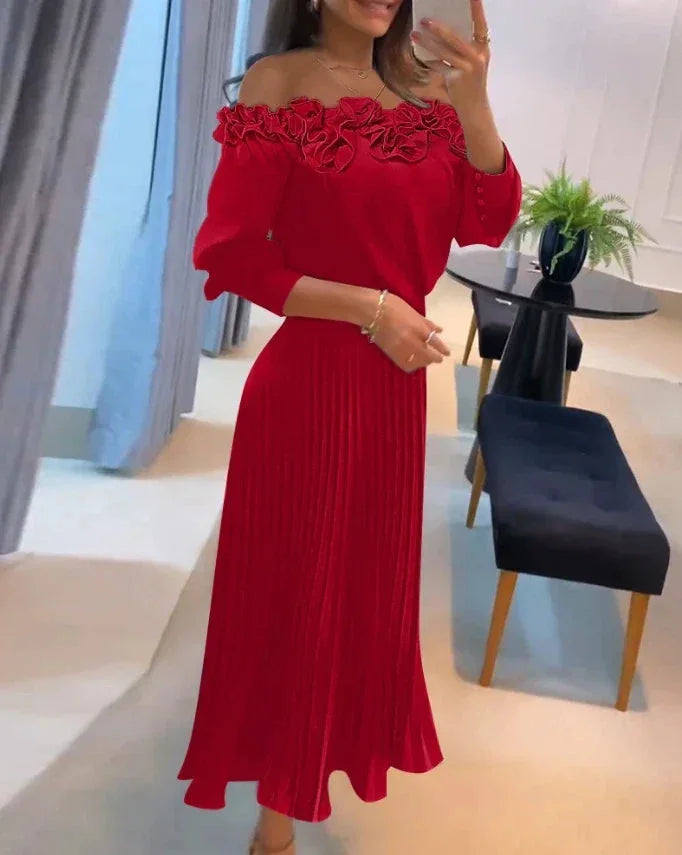 "Red off-shoulder maxi dress with delicate floral accents, perfect for summer - soft and flowy fabric, ideal for beach…