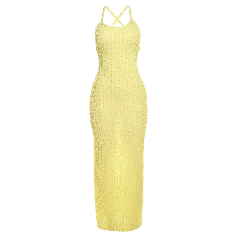 "Andromeda lace maxi dress for women in a body-hugging design. Features intricate lace detailing, perfect for a chic and…