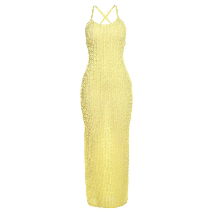 "Andromeda lace maxi dress for women in a body-hugging design. Features intricate lace detailing, perfect for a chic and…