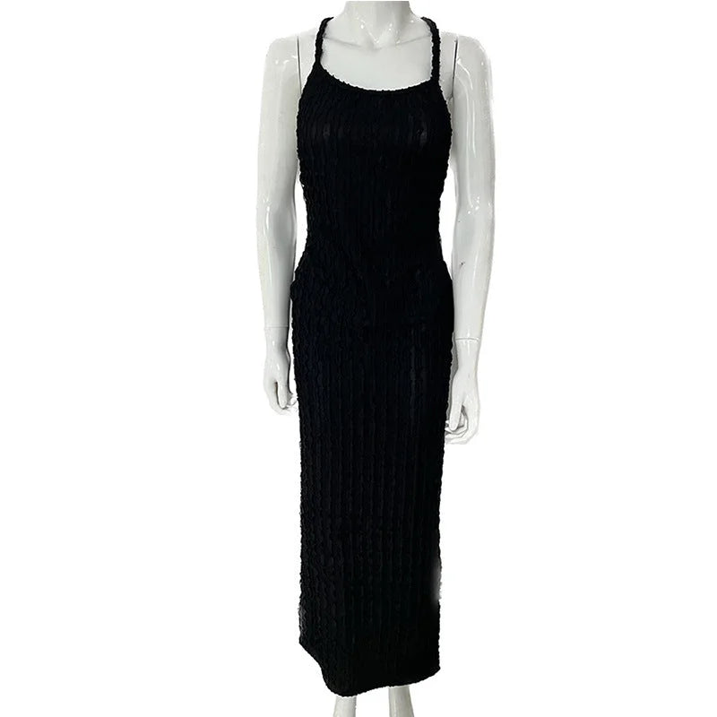 "Black lace maxi dress with body-hugging design for women, featuring intricate lace detailing - Andromeda collection."