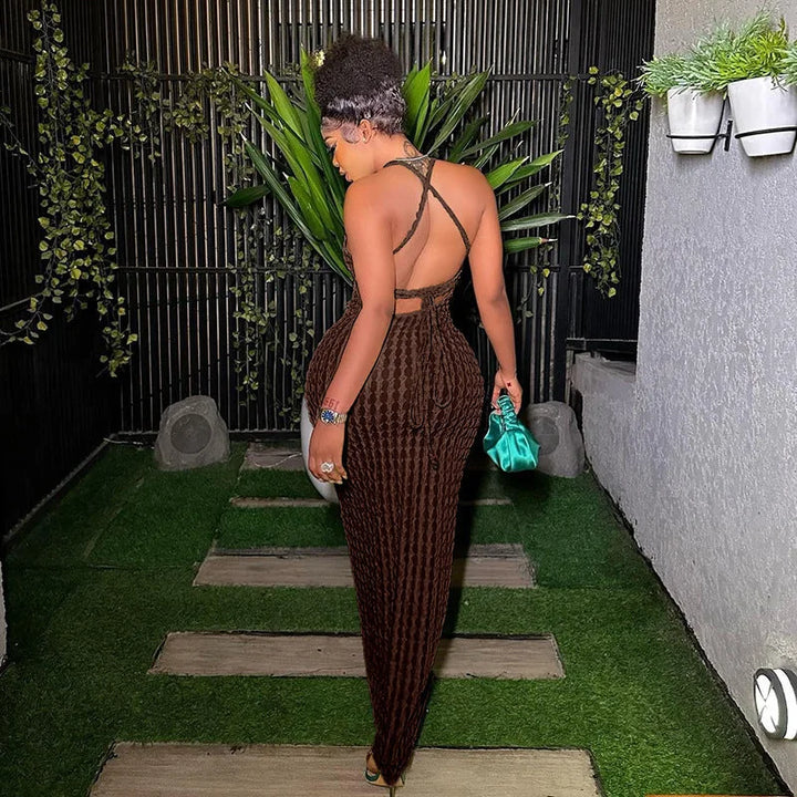 Brown lace maxi dress with a body-hugging silhouette for women, showcasing intricate lace detailing and a flattering design.