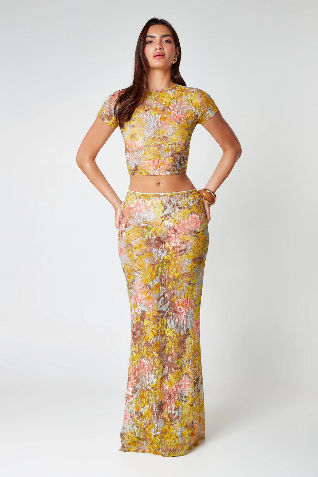 Yellow floral print midi co-ord set with a charming design, perfect for casual outings.