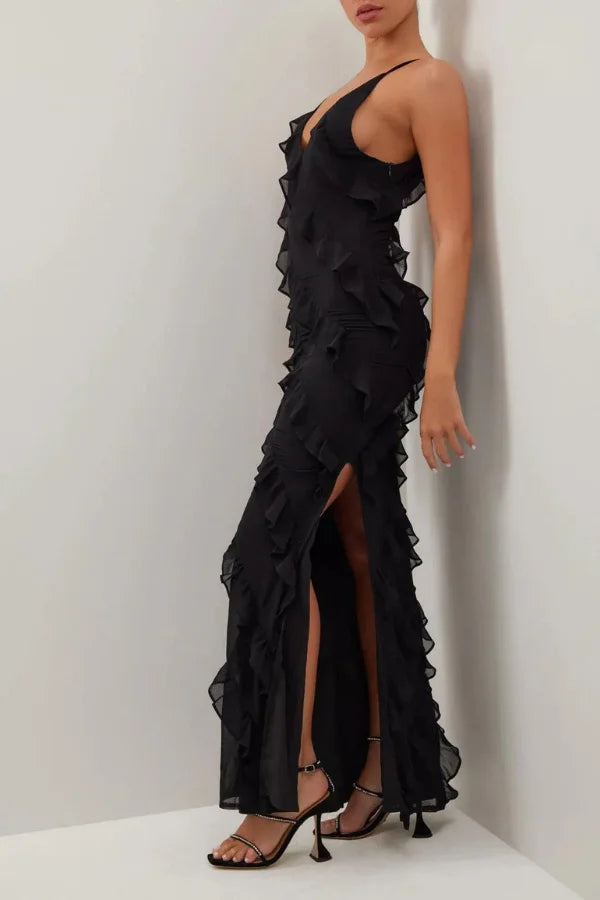 "Black spaghetti strap maxi dress with layered design, perfect for summer occasions."