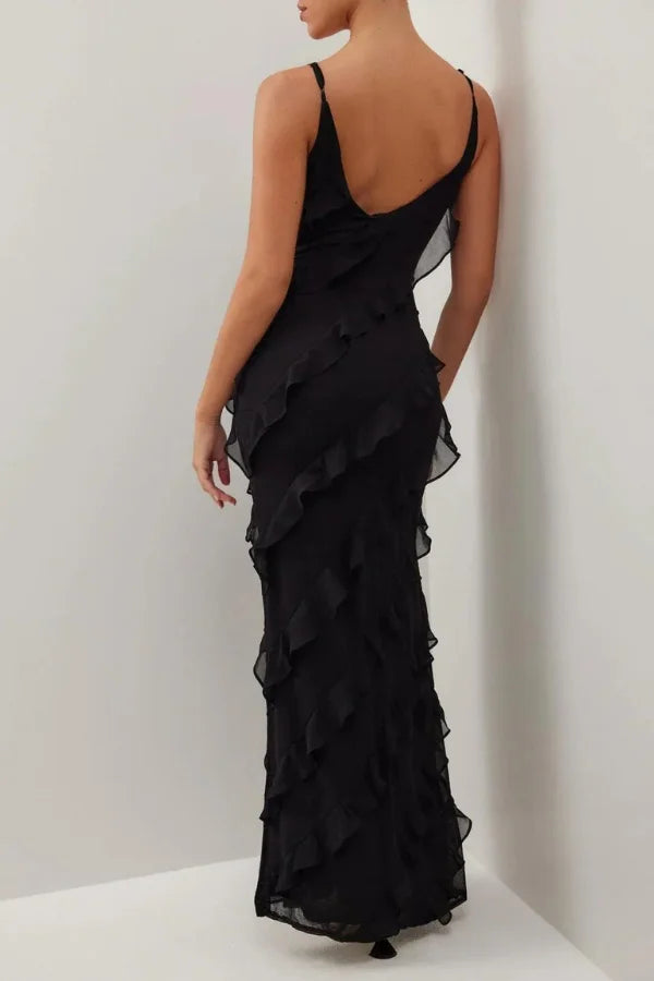 "Black spaghetti strap maxi dress with layered ruffles, perfect for a trendy and chic look, made from lightweight breathable…