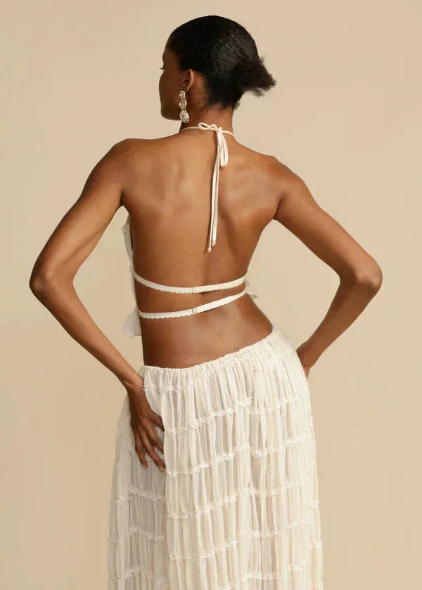 Ivory two-piece skirt set for women by Aryiah, featuring ruffled design.