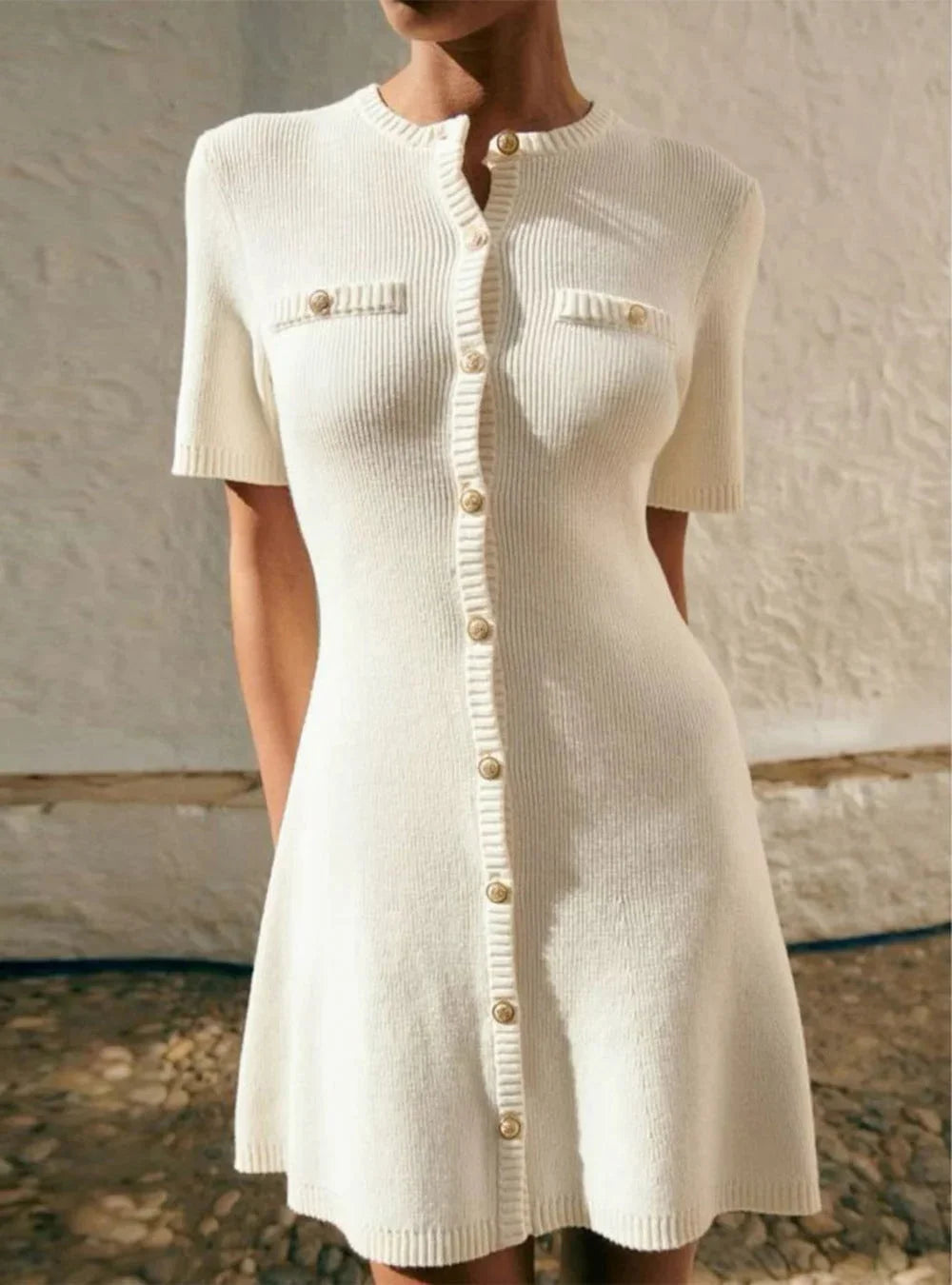 Short sleeve ribbed mini dress named Ashlee in soft, stretchy fabric with a body-hugging silhouette and a classic round…