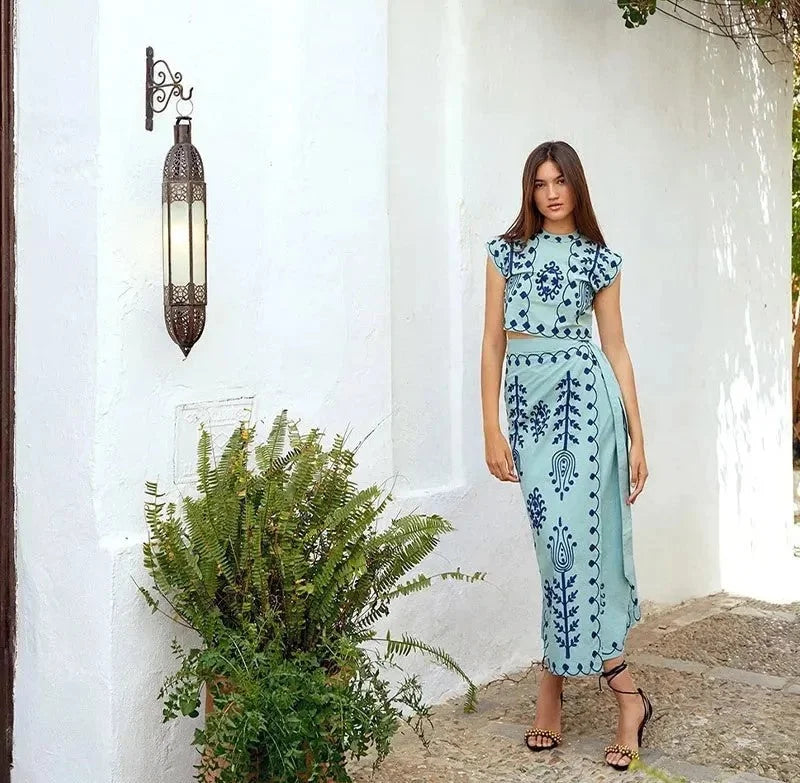 Light Blue Ashlyn Sleeveless Top and Flowing Skirt with Elegant Embroidery Detail on the Top, Perfect for a Chic and Stylish…