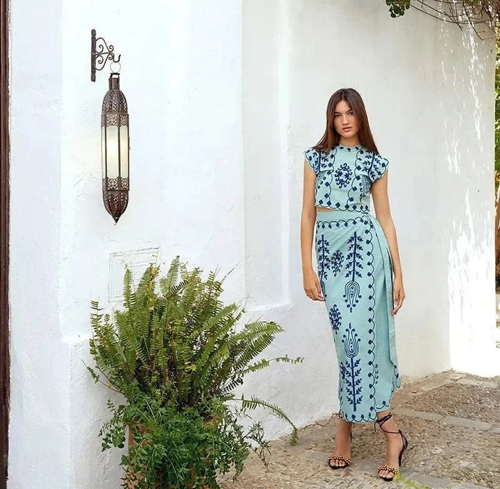 Light Blue Ashlyn Sleeveless Top and Flowing Skirt with Elegant Embroidery Detail on the Top, Perfect for a Chic and Stylish…
