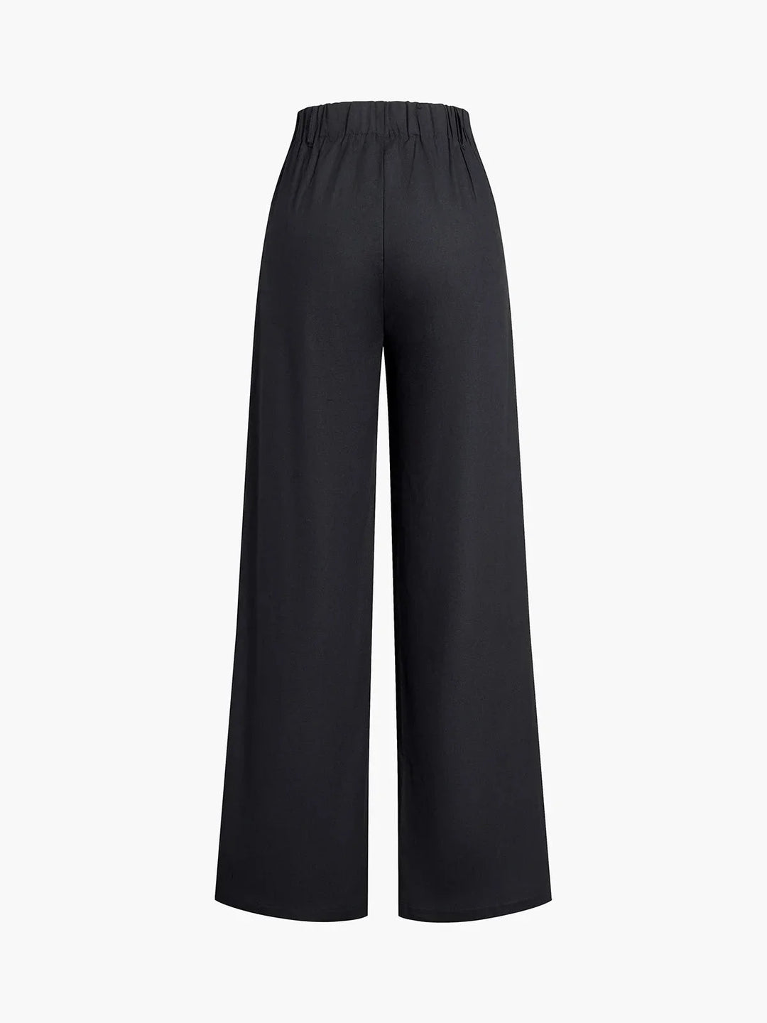 "Stylish black asymmetrical crop top and wide-leg pants set in crepe fabric with draped sleeves and high waist design."